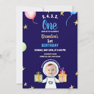 Aquarellblau & gelb Astronaut 1. Geburtstag Einladung