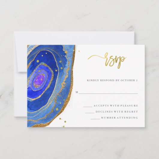 Aquarellblau-Geode mit Gold | Hochzeit RSVP Karte (Vorderseite)