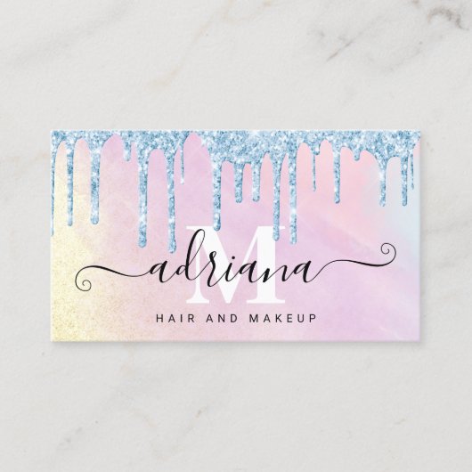 Aquarellblau Glitzer Tropfen Haare und Make-up Visitenkarte (Vorderseite)