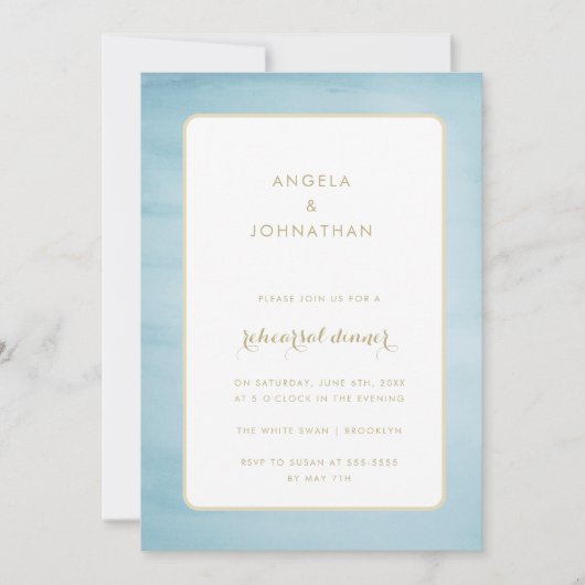 Aquarellblau & Gold Probe Abendessen Einladung (Vorderseite)