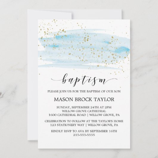 Aquarellblau & Gold Sparkle Taufe Einladung (Vorderseite)