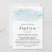 Aquarellblau & Gold Sparkle Taufe Einladung (Vorderseite)