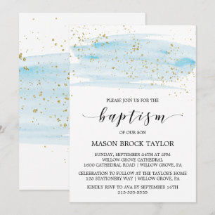 Aquarellblau & Gold Sparkle Taufe Einladung