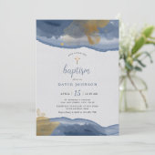 Aquarellblau | Goldene Boys - Taufe Einladung (Stehend Vorderseite)