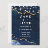 Aquarellblau Goldmarmor Agate Geode Lights Save The Date (Vorderseite)