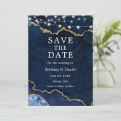 Aquarellblau Goldmarmor Agate Geode Lights Save The Date (Stehend Vorderseite)