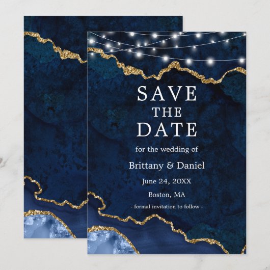 Aquarellblau Goldmarmor Agate Geode Lights Save The Date (Vorne/Hinten)