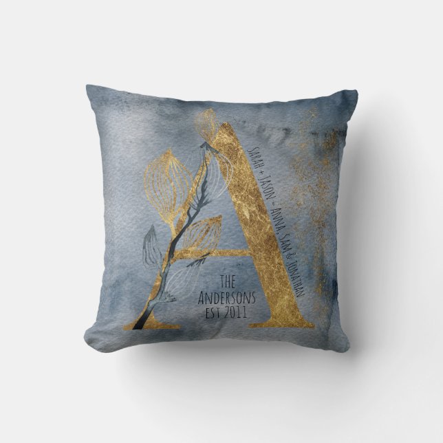 Aquarellblau Grau Gold A Monogram Throw Kissen (Vorderseite)