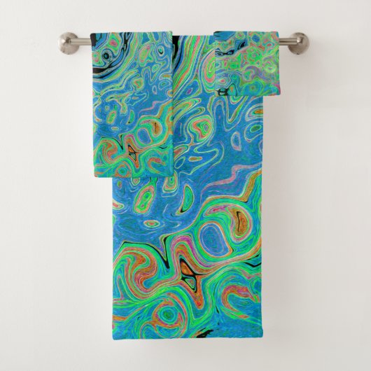 Aquarellblau Groovy Abstrakt Retro Liquid Swirl Badhandtuch Set (Insitu)