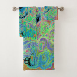 Aquarellblau Groovy Abstrakt Retro Liquid Swirl Badhandtuch Set