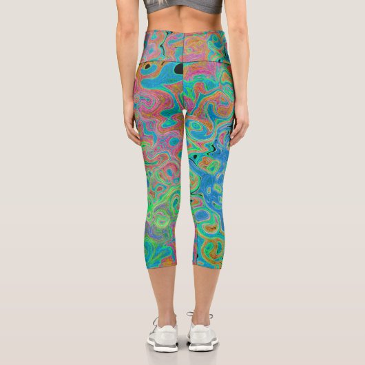 Aquarellblau Groovy Abstrakt Retro Liquid Swirl Capri Leggings (Rückseite)