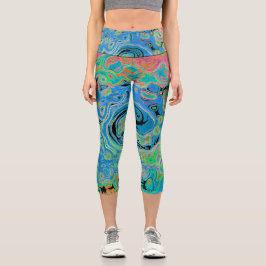 Aquarellblau Groovy Abstrakt Retro Liquid Swirl Capri Leggings