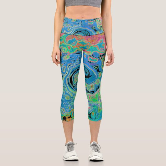 Aquarellblau Groovy Abstrakt Retro Liquid Swirl Capri Leggings (Vorderseite)