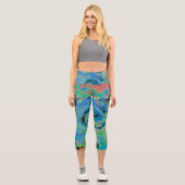 Aquarellblau Groovy Abstrakt Retro Liquid Swirl Capri Leggings (Vorderseite)