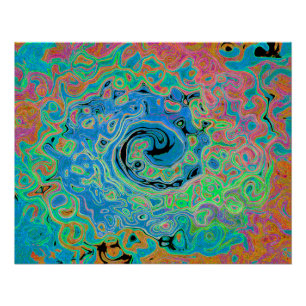 Aquarellblau Groovy Abstrakt Retro Liquid Swirl Poster