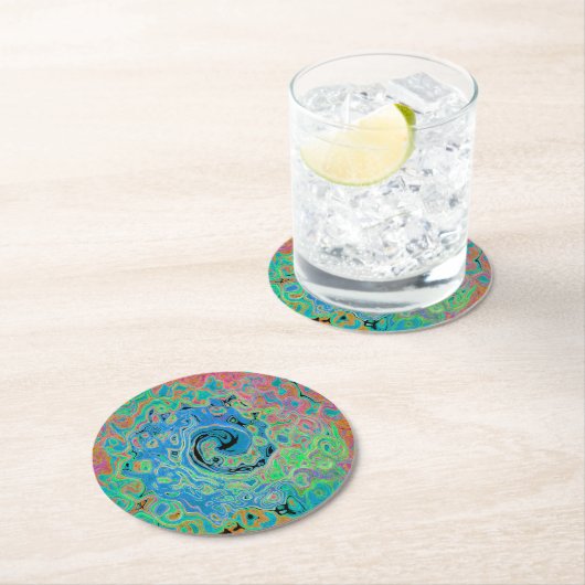 Aquarellblau Groovy Abstrakt Retro Liquid Swirl Runder Pappuntersetzer (Vor Ort)