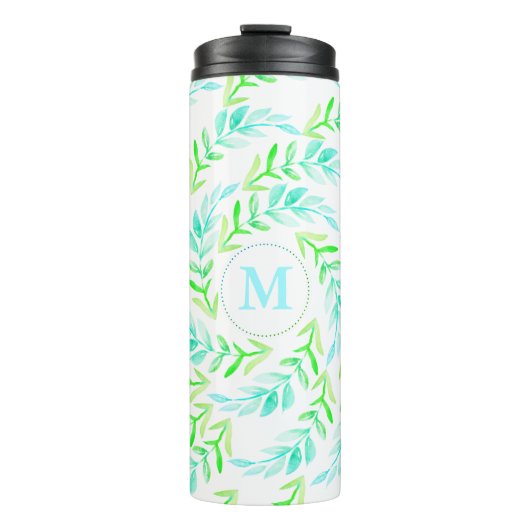 Aquarellblau Grüne Laurels Foliage mit anfängliche Thermosbecher (Vorderseite)