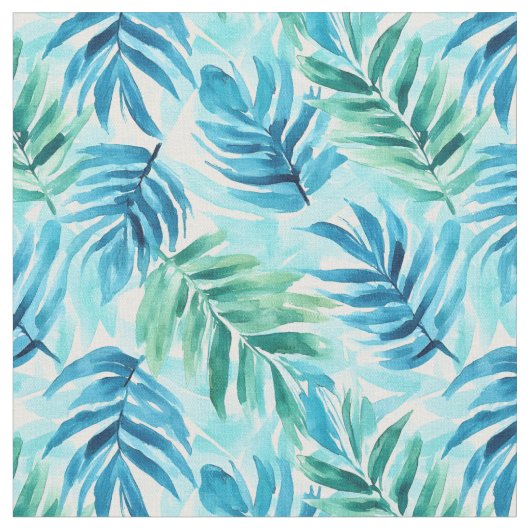Aquarellblau & grüne Palmfronten Stoff (Nahaufnahme)