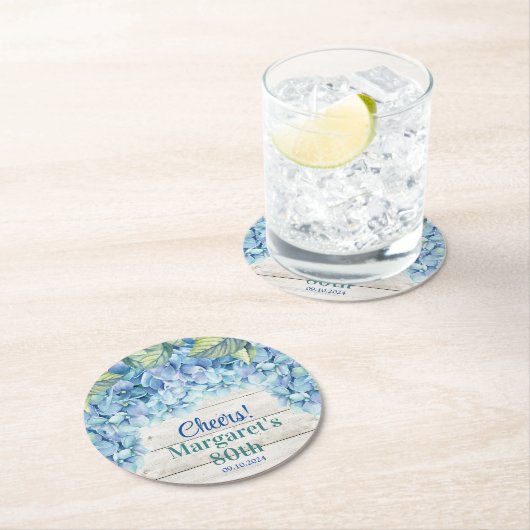 Aquarellblau Hydrangea 80. Geburtstag Runder Pappuntersetzer (Vor Ort)
