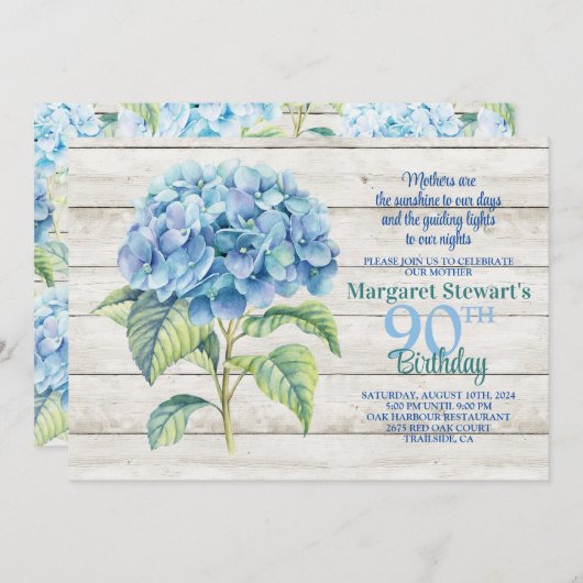 Aquarellblau Hydrangea 90. Geburtstag Einladung (Vorne/Hinten)