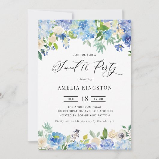Aquarellblau Hydrangea Blütensüß 16 Party Einladung (Vorderseite)