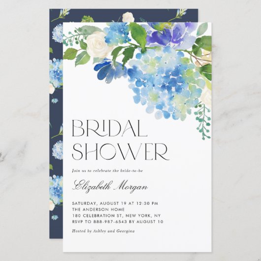 Aquarellblau Hydrangea Bridal Dusche Einladung (Vorne/Hinten)