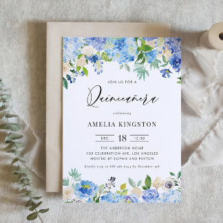 Aquarellblau Hydrangea Floral Quinceañera Einladung