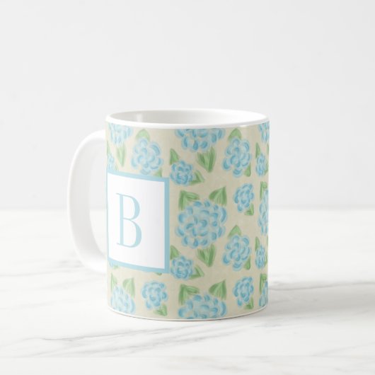 Aquarellblau-Hydrangea Initialmonogramm Kaffeetasse (Vorderseite Links)