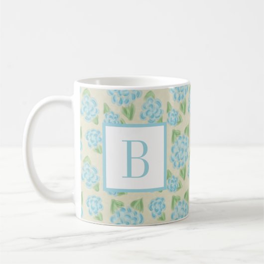 Aquarellblau-Hydrangea Initialmonogramm Kaffeetasse (Links)