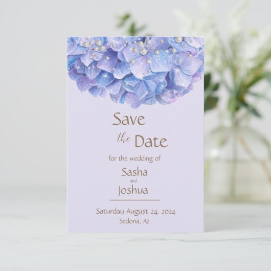Aquarellblau Hydrangea Pearl Save The Date (Stehend Vorderseite)