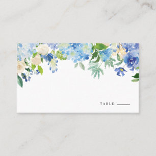 Aquarellblau Hydrangea und Elfenbein-Rose Blumenbe Platzkarte
