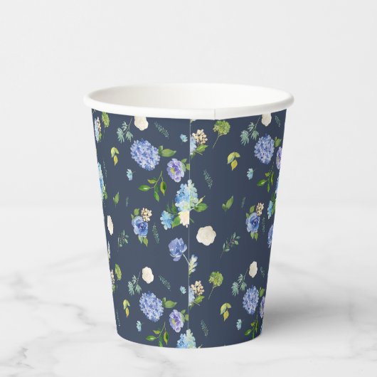 Aquarellblau Hydrangea und Rose Blumenmuster Pappbecher (Rechts)