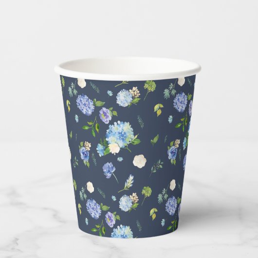 Aquarellblau Hydrangea und Rose Blumenmuster Pappbecher (Vorderseite)