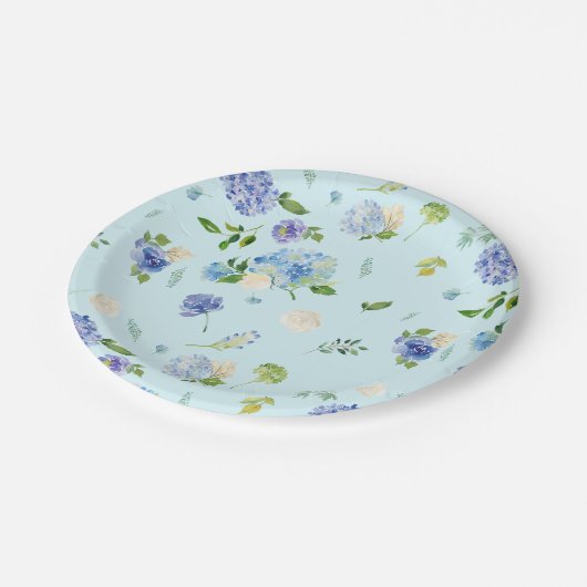 Aquarellblau Hydrangea und Rose Blumenmuster Pappteller (Schrägansicht)