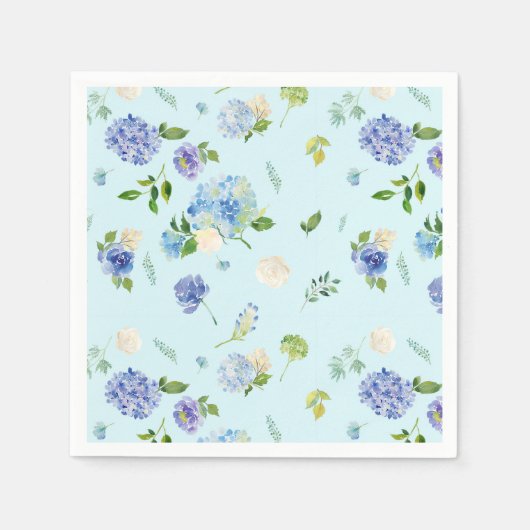 Aquarellblau Hydrangea und Rose Blumenmuster Serviette (Vorderseite)