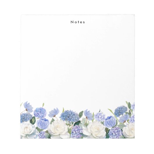 Aquarellblau Hydrangeas Elfenbein Rose Personalisi Notizblock (Vorderseite)