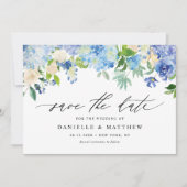 Aquarellblau-Hydrangeas und Elfenbein-Rose QR-Code Save The Date (Vorderseite)