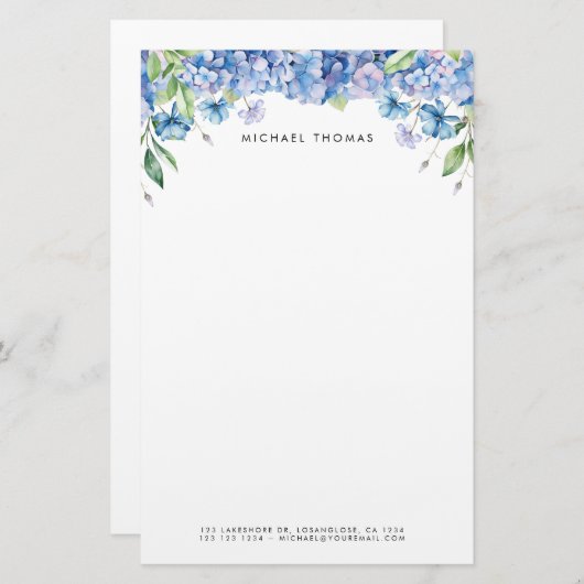 Aquarellblau Hydrangeas und Lila Blüten Briefpapier (Vorne/Hinten)