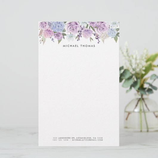 Aquarellblau Hydrangeas und Lila Rose Blumenbeere Briefpapier (Stehend Vorderseite)