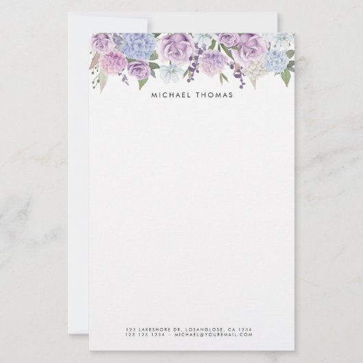 Aquarellblau Hydrangeas und Lila Rose Blumenbeere Briefpapier (Vorderseite)