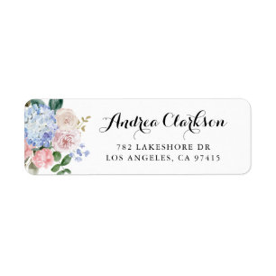 Aquarellblau-Hydrangeas und rosa Rosenschrift