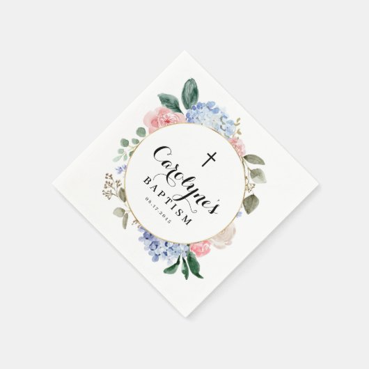 Aquarellblau Hydrangeas und Rose Taufe Serviette (Ecke)