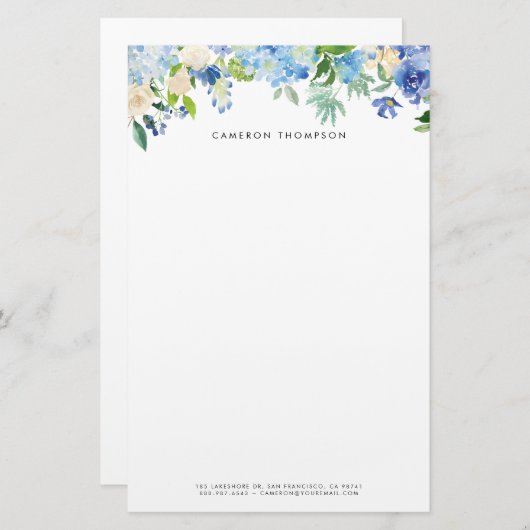 Aquarellblau Hydrangeas und Weiße Rosen Briefpapier (Vorne/Hinten)
