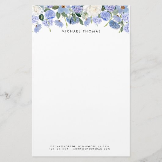 Aquarellblau Hydrangeas und Weiße Rosen Briefpapier (Vorderseite)
