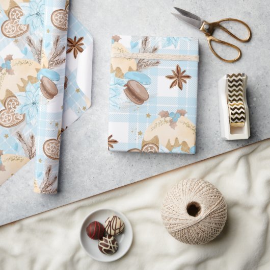 Aquarellblau Karierte Weihnachtskekse & Pudding Geschenkpapier (Kunsthandwerk)