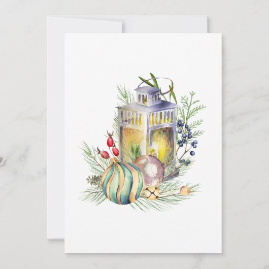 Aquarellblau-Laterne und Baubles Feiertag Einladung (Rückseite)