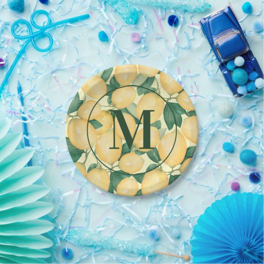 Aquarellblau Lemons Grüne Mit Monogramm Pappteller (Party)
