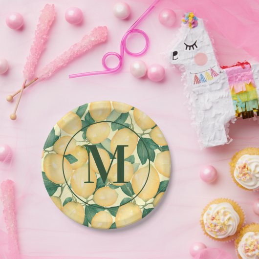 Aquarellblau Lemons Grüne Mit Monogramm Pappteller (Party)