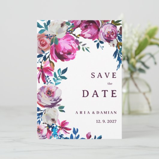 Aquarellblau, lila blumenblau Save the Date Einladung (Stehend Vorderseite)