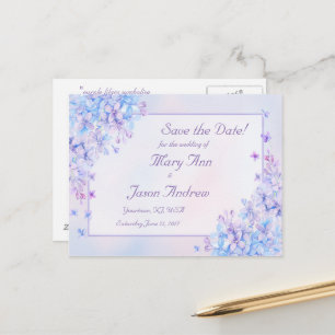 Aquarellblau Lila Lilac-Blume Save the Date Ankündigungspostkarte
